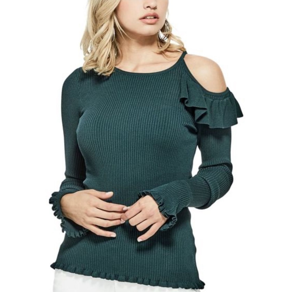 Guess Cold Shoulder Green Ribbed Top